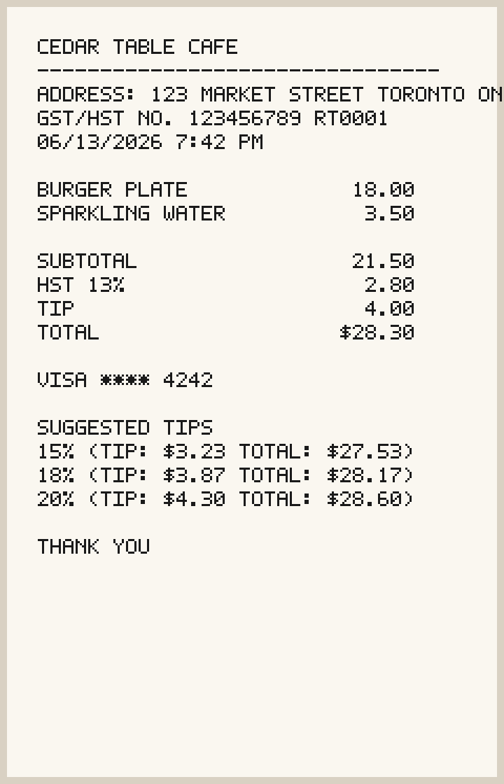 Privacy-safe sample restaurant receipt with address, HST number, subtotal, tax, tip, total, and suggested tips